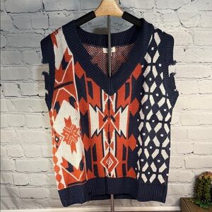 Umgee Navy & Orange Patterned Oversized Sweater Vest‎ Aztec Southwest Distressed